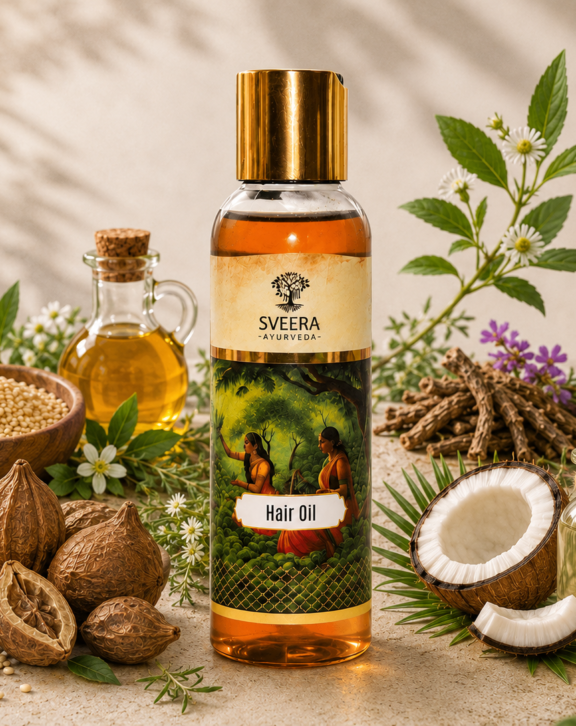 Nourish your locks with Sveera Ayurveda Hair Oil, a divine blend for luscious, healthy hair. Embrace the beauty of natural nourishment for vibrant and strong strands. Elevate your hair care routine with the goodness of this enriching herbal infusion.