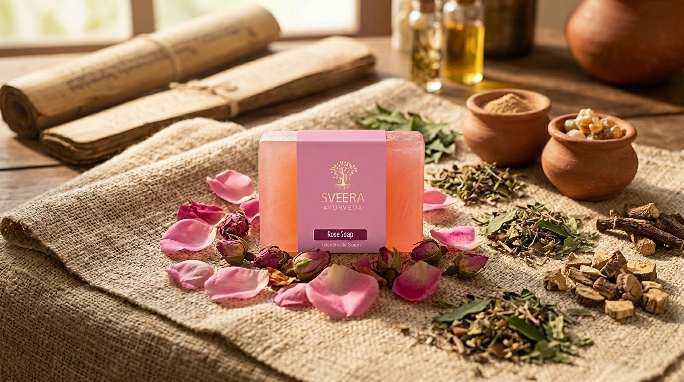 Experience the luxury of roses with every wash.Sveera Ayurevda Rose Soap is a gentle, Ayurvedic beauty bar crafted with natural rose extracts and nourishing oils that cleanse, hydrate, and rejuvenate your skin—giving you a soft, radiant glow every day.