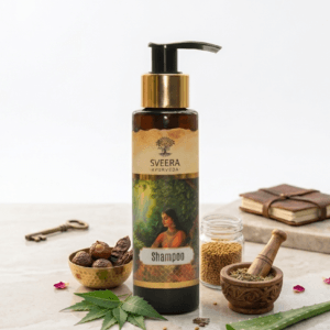 Sveera Ayurveda Shampoo Small Bottle is a herbal, Ayurvedic shampoo enriched with Amla, Shikakai, Aloe Vera, and Neem that gently cleanses the scalp, reduces hair fall, and keeps hair soft, smooth, and naturally shiny—perfect for daily use and travel.