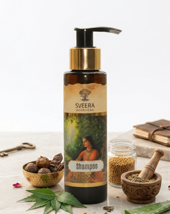 Sveera Ayurveda Shampoo Small Bottle is a herbal, Ayurvedic shampoo enriched with Amla, Shikakai, Aloe Vera, and Neem that gently cleanses the scalp, reduces hair fall, and keeps hair soft, smooth, and naturally shiny—perfect for daily use and travel.