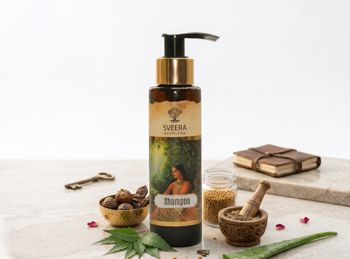 Sveera Ayurveda Shampoo Small Bottle is a herbal, Ayurvedic shampoo enriched with Amla, Shikakai, Aloe Vera, and Neem that gently cleanses the scalp, reduces hair fall, and keeps hair soft, smooth, and naturally shiny—perfect for daily use and travel.